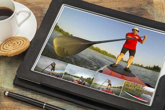 reviewing pictures of stand up paddling featuring a senior male on a digital tablet computer in black leather case with  coffee cup and cookie, the same model on all pictures