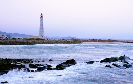 Lighthouse in "Farol" island, in Ria Formosa, natural conservation region in Algarve, Portugal.