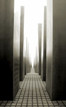 The Holocaost monument in Berlin, Germany (consist of 2711 concrete blocks whit diferent hights and paralel aligment placed on 19.000 squaremeters urban area)