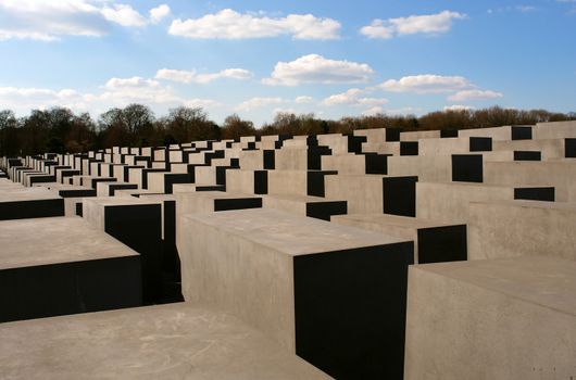 The Holocaost monument in Berlin, Germany (consist of 2711 concrete blocks whit diferent hights and paralel aligment placed on 19.000 squaremeters urban area)