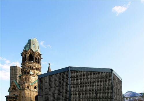 Ruins of Kaiser Wilhelm Memorial Church in Berlin destroyed by Allied bombing and preserved as memorial, Berlin, Germany                               