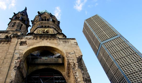 Ruins of Kaiser Wilhelm Memorial Church in Berlin destroyed by Allied bombing and preserved as memorial, Berlin, Germany                               