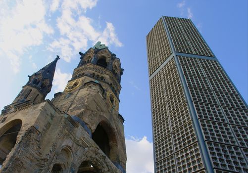 Ruins of Kaiser Wilhelm Memorial Church in Berlin destroyed by Allied bombing and preserved as memorial, Berlin, Germany                               