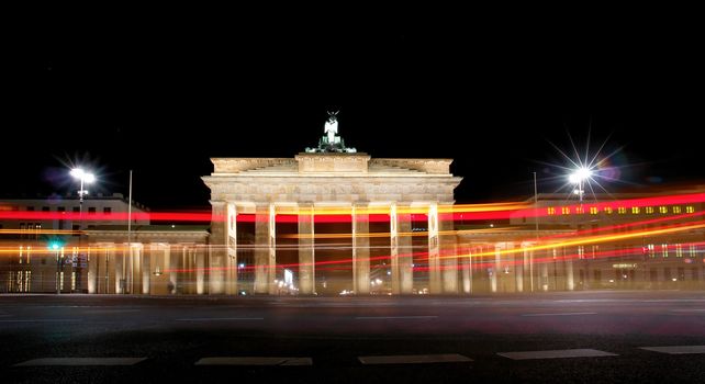Brandenburg Gate at night, a former city gate and one of the main symbols of Berlin, Germany