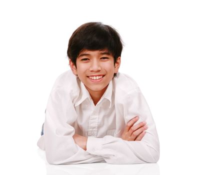 Handsome young teen boy lying on floor, part Asian- Scandinavian descent