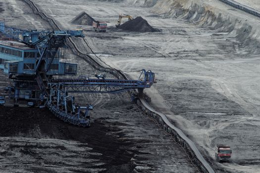 Coal mining in an open pit with huge industrial machine