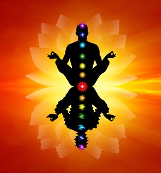 Seven Chakras with man in yoga meditation