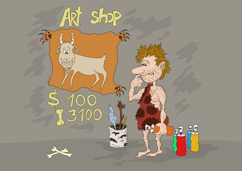 Cartoon: prehistoric man artist in a cave draws a funny goat