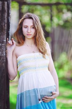 Beautiful pregnant girl near the old fence