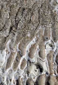 Dead Sea coastline, whit salt crystals and formations in the sand. Jordan