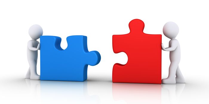 Two 3d people are pushing puzzle pieces in order to be connected