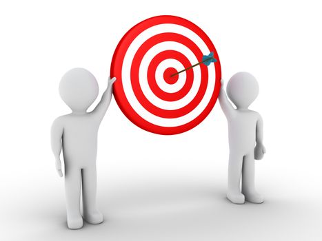 Two 3d people are holding a round target with an arrow at the center