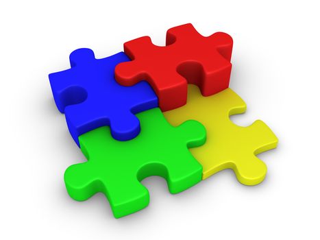 Four different colored 3d puzzle pieces are connected