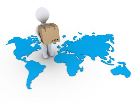 3d person holding a carton box on a world map