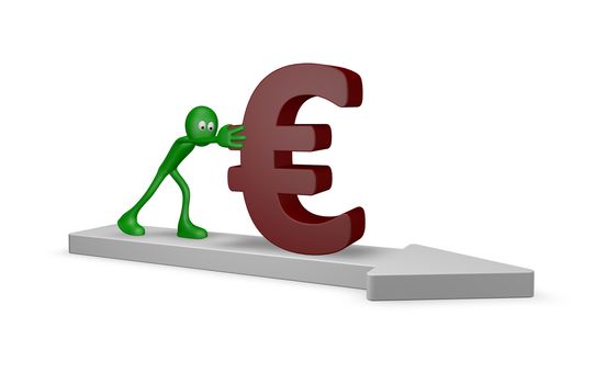 cartoon guy pushes euro on arrow - 3d illustration