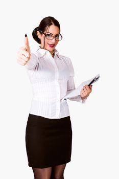 portrait of attractive businesswoman with thumb up