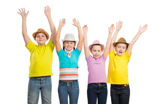 children in a row, wearing a hat. isolated on white background