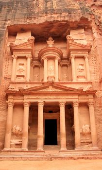The treasury at Petra, Lost rock city of Jordan. Petra's temples, tombs, theaters and other buildings are scattered over 400 square miles. UNESCO world heritage site 