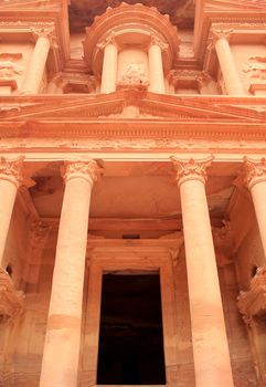 The treasury at Petra, Lost rock city of Jordan. Petra's temples, tombs, theaters and other buildings are scattered over 400 square miles. UNESCO world heritage site 