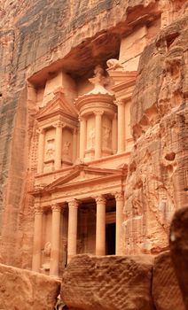 The treasury at Petra, Lost rock city of Jordan. Petra's temples, tombs, theaters and other buildings are scattered over 400 square miles. UNESCO world heritage site 