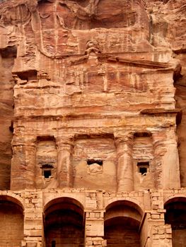 Urn Tomb in the Lost rock city of Jordan. Petra's temples, tombs, theaters and other buildings are scattered over 400 square miles. UNESCO world heritage site