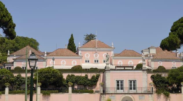 Pink houses in the dsitrict of Belem, Lisbon, Portugal