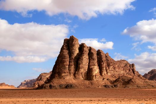 The "Seven Pillars of Wisdom" rock formation, Wadi Rum Desert beautiful landscape. Jordan.