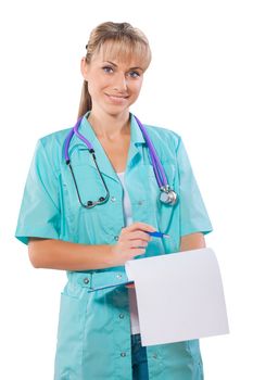 beautiful smiling female doctor with ballpoint pen and clipboard isolated