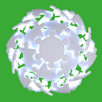 Sphere consisting of puzzles. 3d render isolated on green background