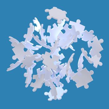 Pile of puzzles. 3d render isolated on blue background