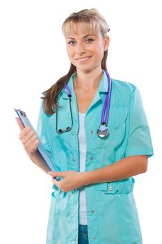 female doctor holding clipboard isolated