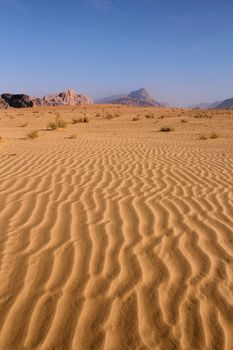 Sand pattern and beautiful landscape of the wadi rum desert in Jordan 