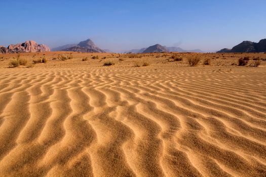 Sand pattern and beautiful landscape of the wadi rum desert in Jordan 