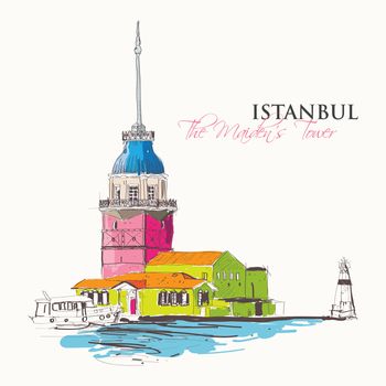 Vector illustration of the Maiden's Tower or Kizkulesi, an ancient structure built on a rock island in the Bosporus, Istanbul, Turkey