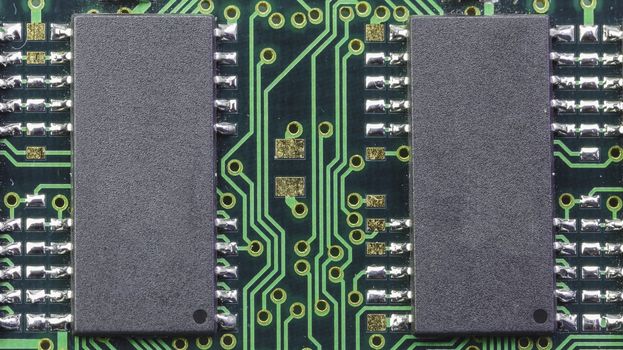 Old green circuit board close up