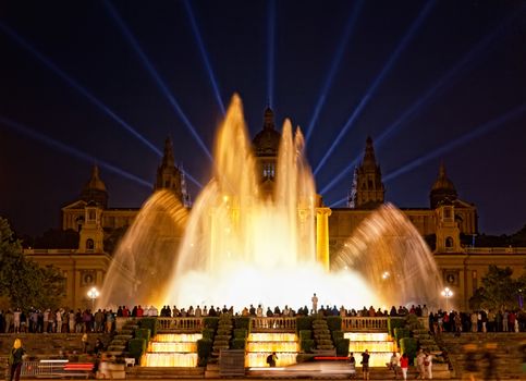 Night view of Magic Fountain light show in Barcelona, Spain