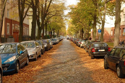 POTSDAM, GERMANY - OCTOBER 20: Street, cars, buildings and autumn leaves somewhere in Potsdam Germany 20.10.2013