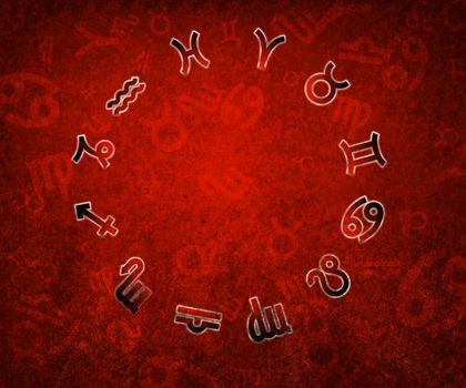 2014 Zodiac circle with zodiac signs on the red grunge background