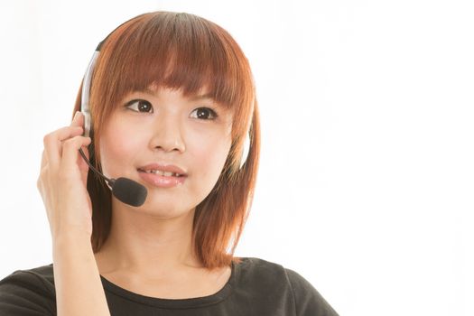 Asian female wearing a headset with microphone