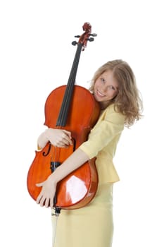 young woman holding cello in her arms and white background