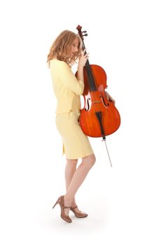 young pretty woman holding cello against white background