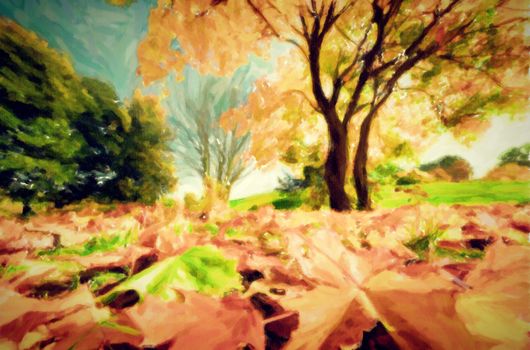 Painting of autumn, fall landscape in park. Colorful leaves, sunny blue sky.