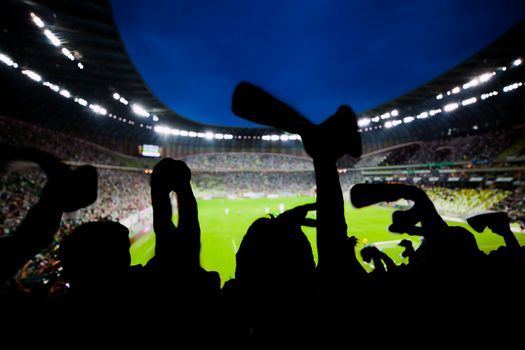 Football, soccer fans support their team and celebrate goal, score, victory. Full stadium