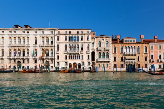 Venice Grand Canal, Italian Canal Grande at sunny summer day. Old Venetian architecture, boats