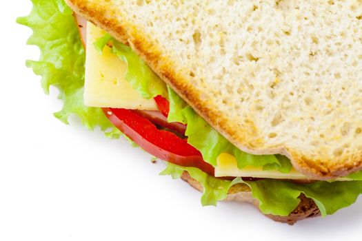 Single sandwich with fresh cheese, salad and meat isolated over white background