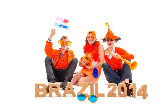 two boys and a girl, the supporters of the dutch soccerteam.