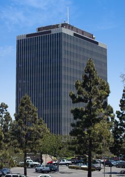 A multi floored office building with verticle lines is the primnary focus of this photo. The skyscraper has pine trees and a parking lot in the foreground.