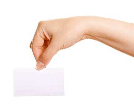 Female hand holding a business card on a white background