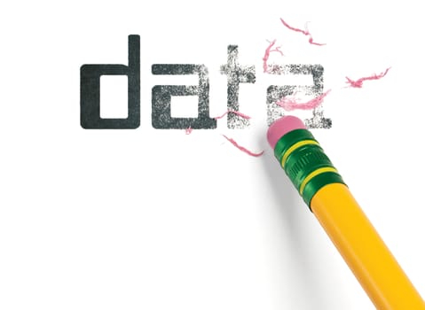 Close up of a yellow pencil erasing the word, 'Data'. Isolated on white.