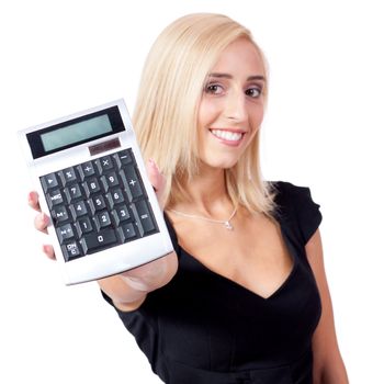 attractive smiling business woman with calculator isolated on white